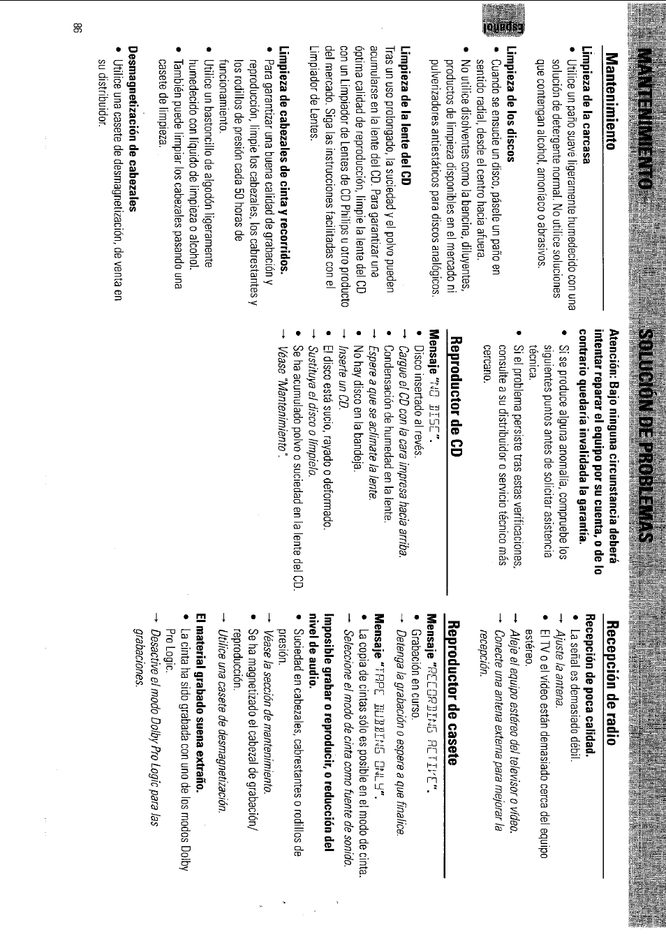 Mantenimiento, Solución de problemas, Reproductor de cd | Recepción de radio, Reproductor de casete | Philips FW 795W/37 User Manual | Page 86 / 88