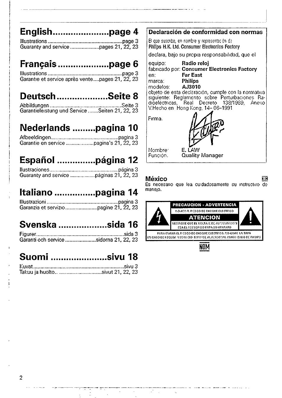 México, English.........................page 4, Français....................... page 6 | Deutsch....................... seite 8, Nederlands.............pagina 10, Español..................página 12, Italiano.................. pagina 14, Svenska..................... sida 16, Suomi......................... sivu 18 | Philips AJ3012/18 User Manual | Page 2 / 12