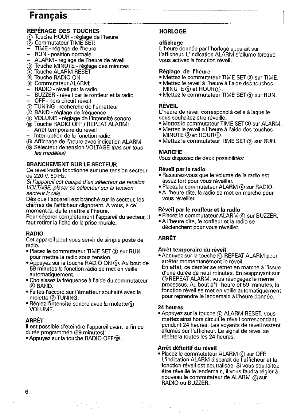 Français, Reperage des touches, Branchement sur le secteur | Radio, Arrêt | Philips AJ3012/18 User Manual | Page 4 / 12