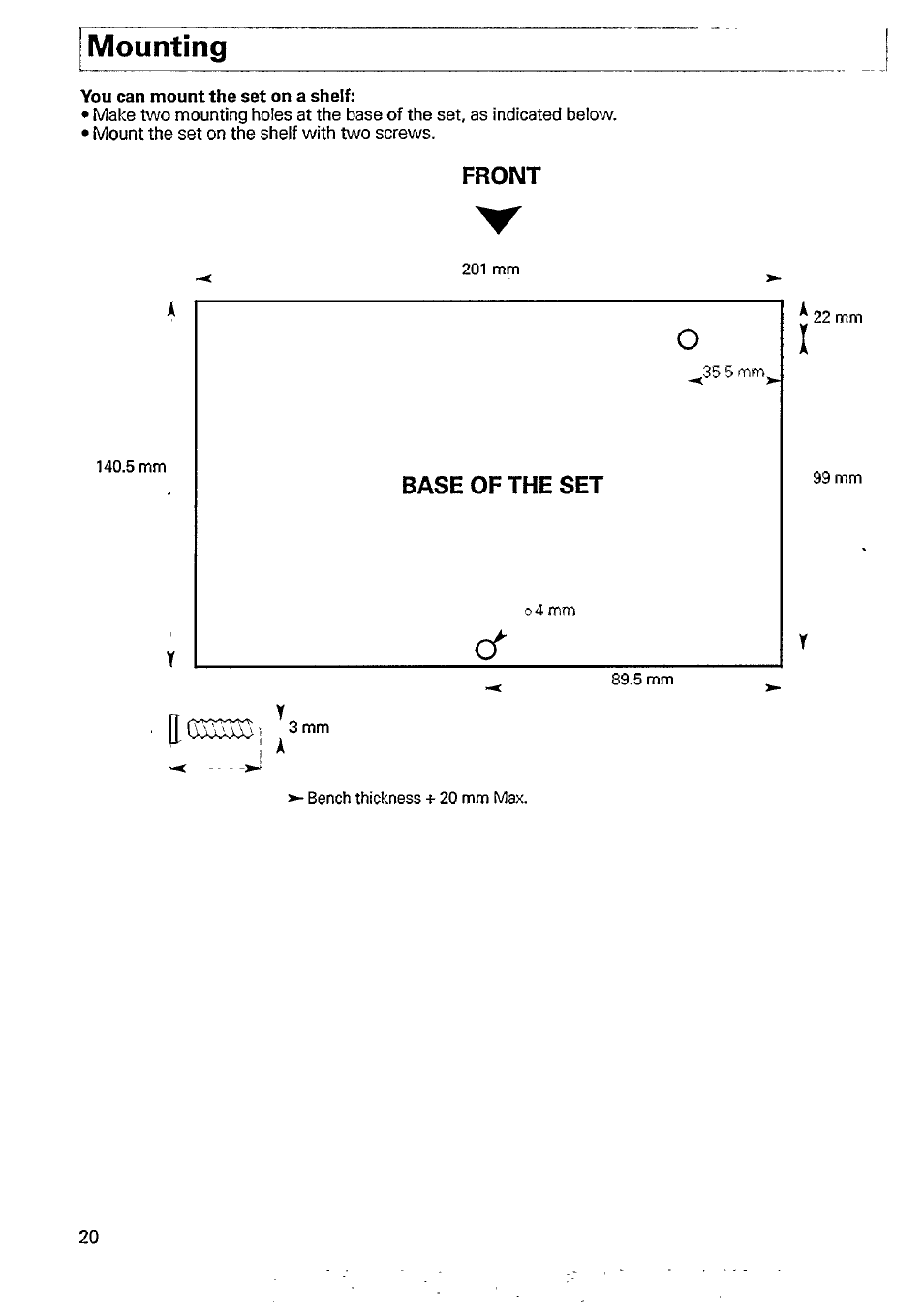 Mounting, Front, Base of the set | Philips AJ3012/18 User Manual | Page 6 / 12