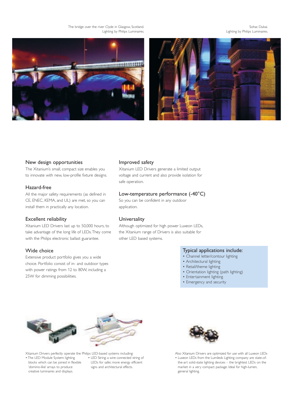 New design opportunities, Hazard-free, Excellent reliability | Wide choice, Improved safety, Low-temperature performance (-40°c), Universality, Typical applications include | Philips Xitanium User Manual | Page 3 / 4