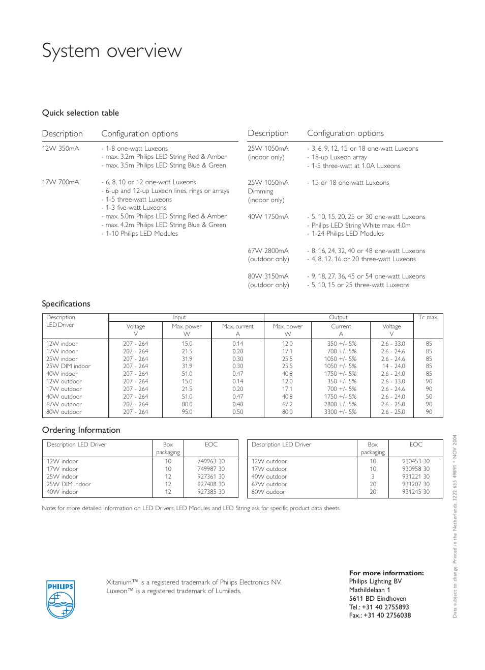 System overview, Specifications ordering information, Description configuration options | Philips Xitanium User Manual | Page 4 / 4