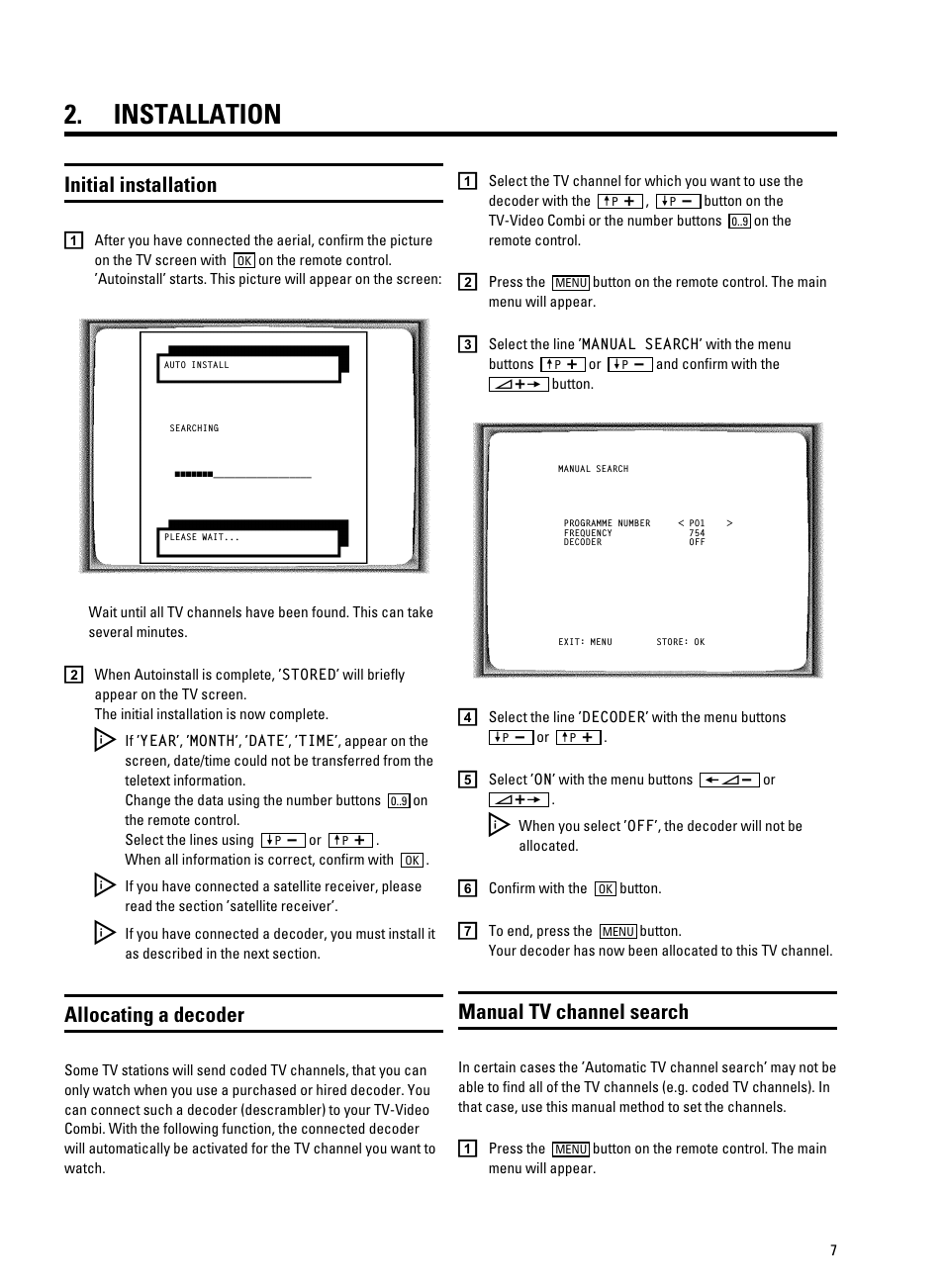 Installation, Initial installation, Allocating a decoder | Manual tv channel search | Philips 20PV230/07 User Manual | Page 11 / 32