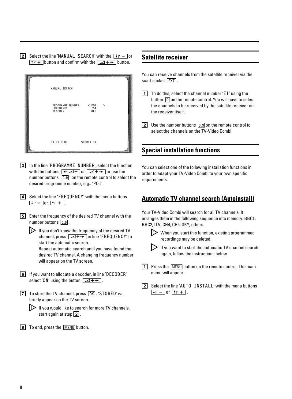 Satellite receiver, Special installation functions, Automatic tv channel search (autoinstall) | Philips 20PV230/07 User Manual | Page 12 / 32