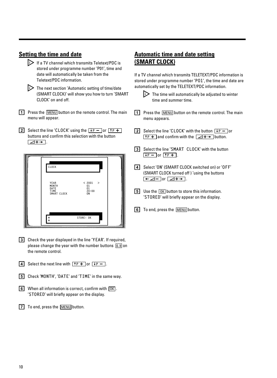 Setting the time and date, Automatic time and date setting (smart clock) | Philips 20PV230/07 User Manual | Page 14 / 32