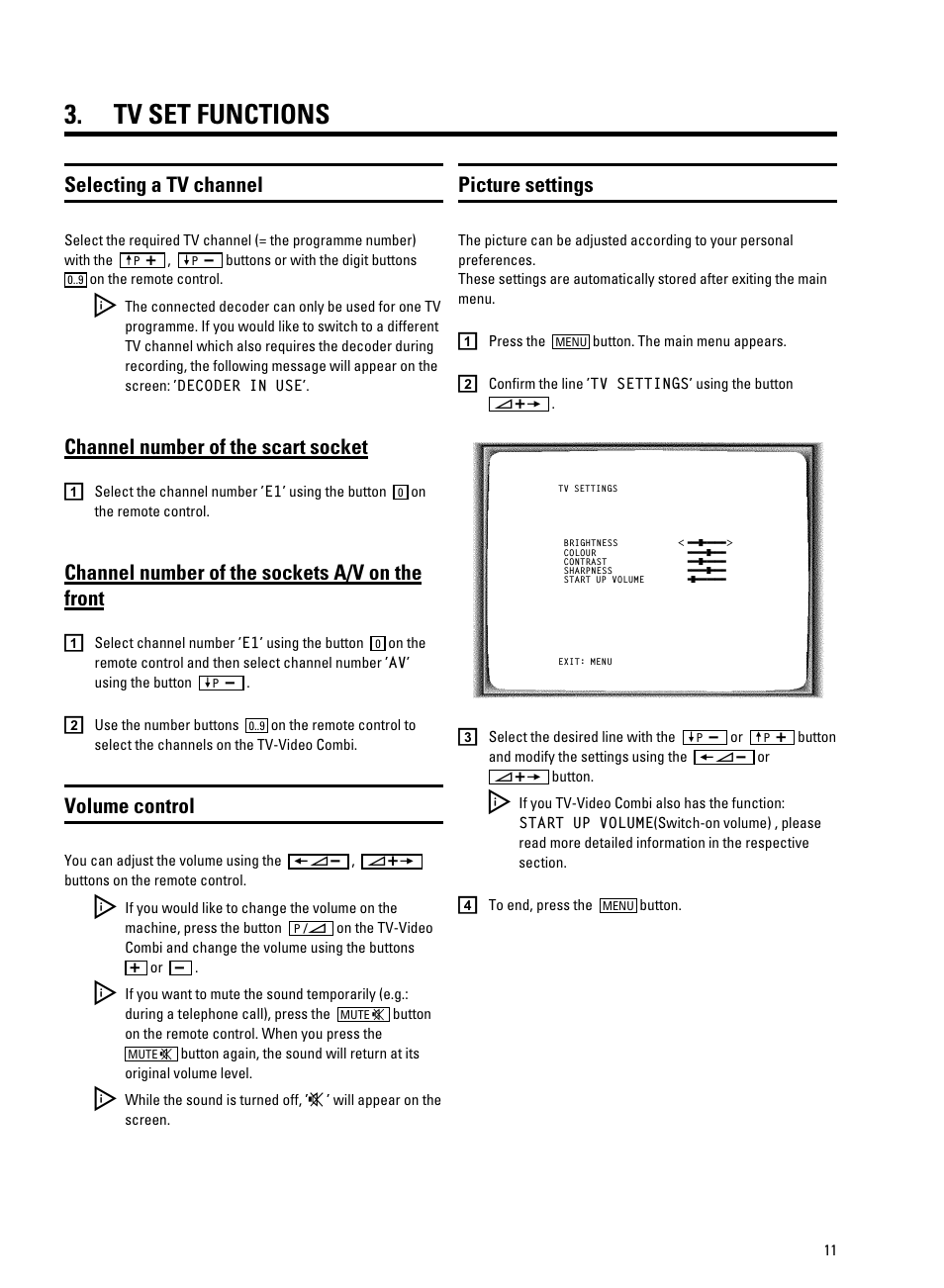 Tv set functions, Selecting a tv channel, Channel number of the scart socket | Channel number of the sockets a/v on the front, Volume control, Picture settings | Philips 20PV230/07 User Manual | Page 15 / 32