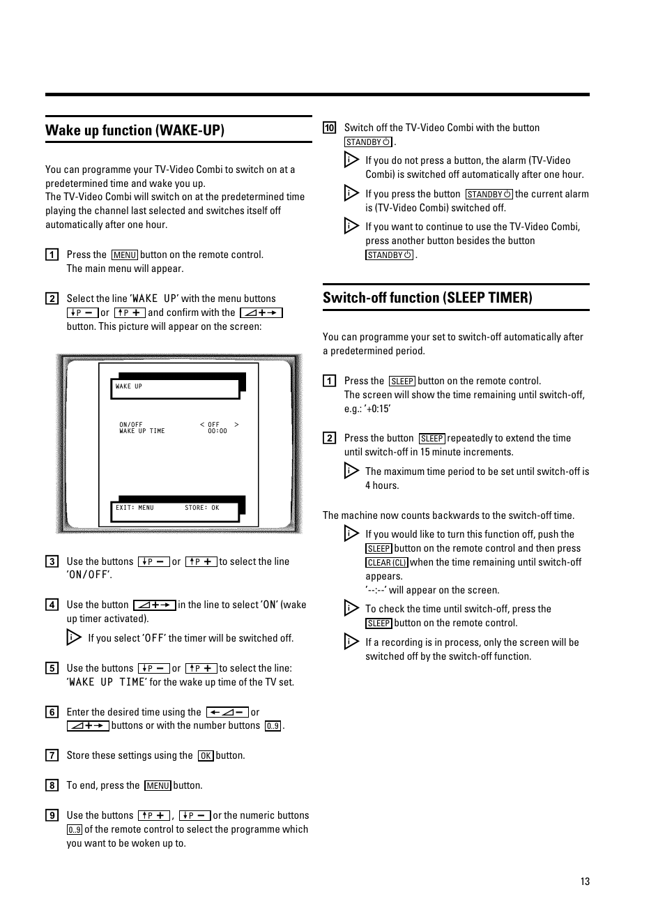 Wake up function (wake-up), Switch-off function (sleep timer) | Philips 20PV230/07 User Manual | Page 17 / 32