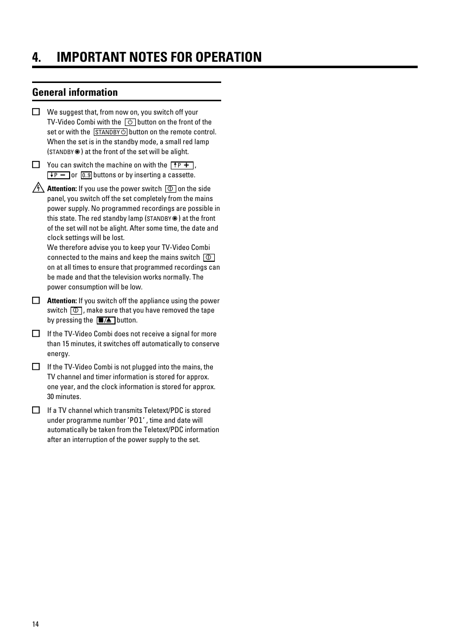 Important notes for operation, General information | Philips 20PV230/07 User Manual | Page 18 / 32