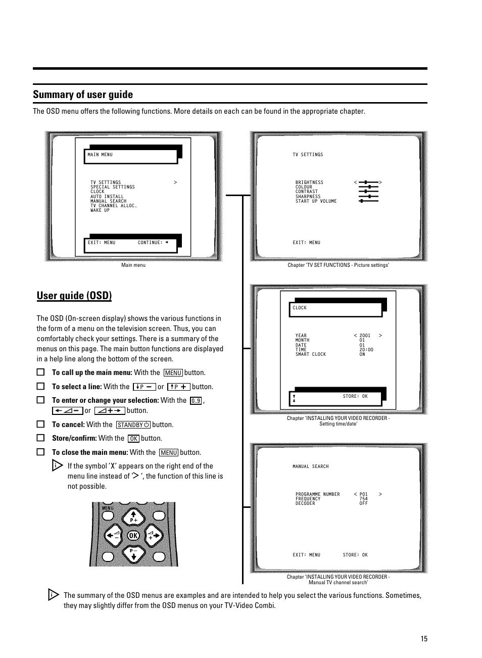 Summary of user guide, User guide (osd), Button. e to select a line: with the | Button. e to cancel: with the, Button. e store/confirm: with the, Button. e to close the main menu: with the | Philips 20PV230/07 User Manual | Page 19 / 32