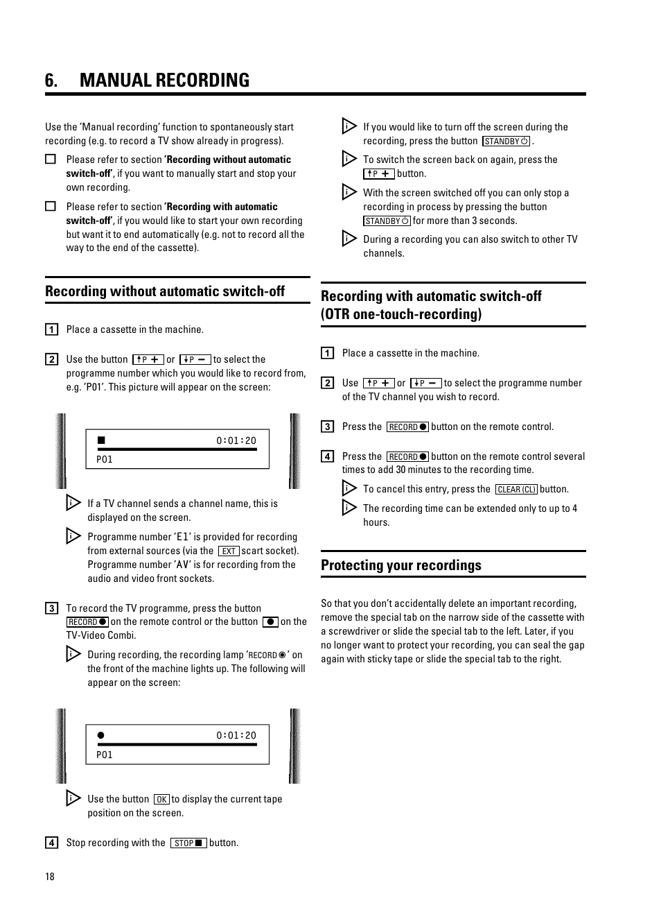 Manual recording, Recording without automatic switch-off, Protecting your recordings | Philips 20PV230/07 User Manual | Page 22 / 32