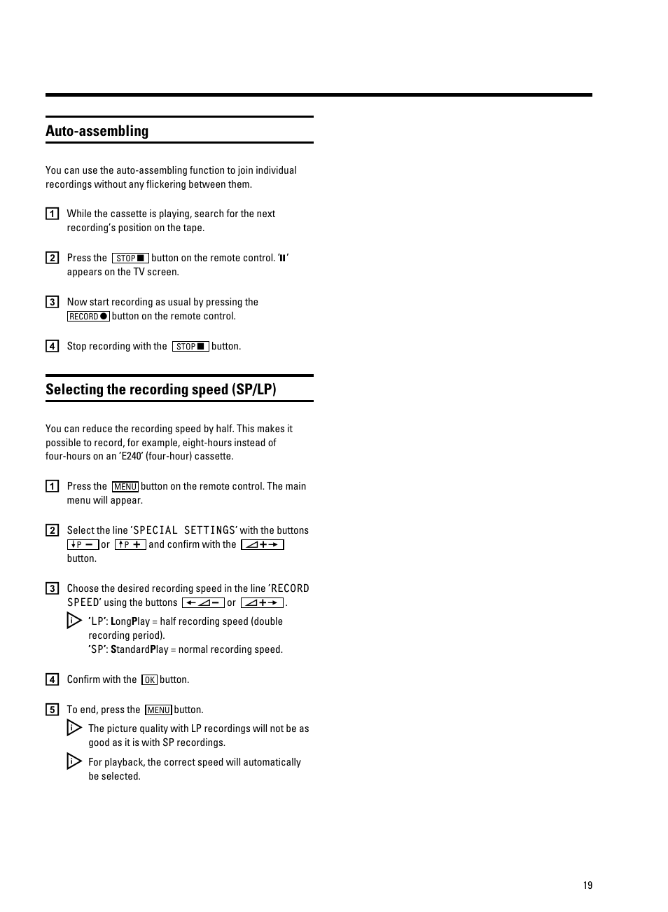 Auto-assembling, Selecting the recording speed (sp/lp) | Philips 20PV230/07 User Manual | Page 23 / 32