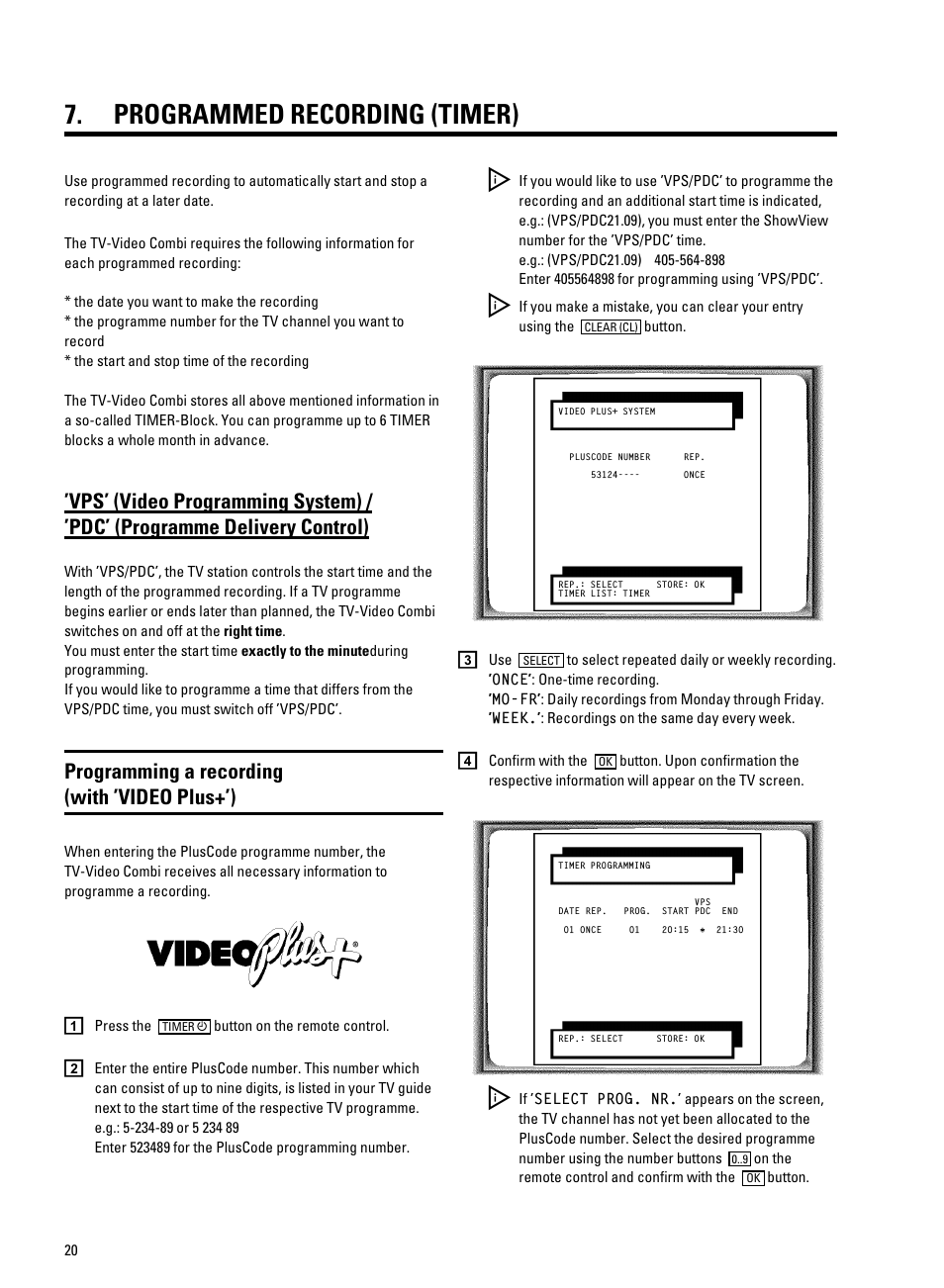 Programmed recording (timer), Programming a recording (with ’video plus+’) | Philips 20PV230/07 User Manual | Page 24 / 32