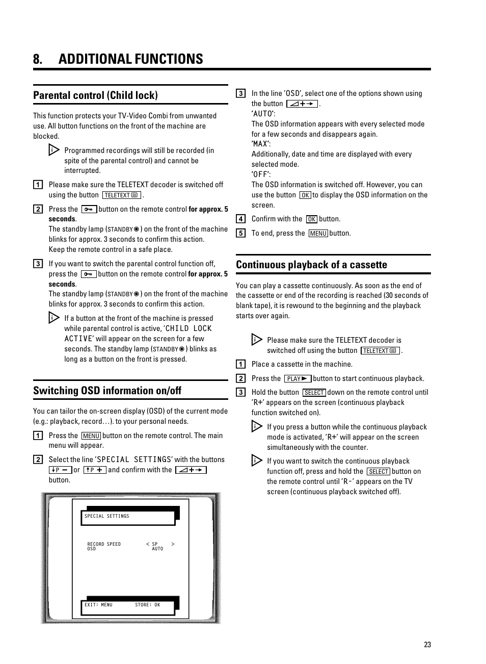 Additional functions, Parental control (child lock), Switching osd information on/off | Continuous playback of a cassette | Philips 20PV230/07 User Manual | Page 27 / 32