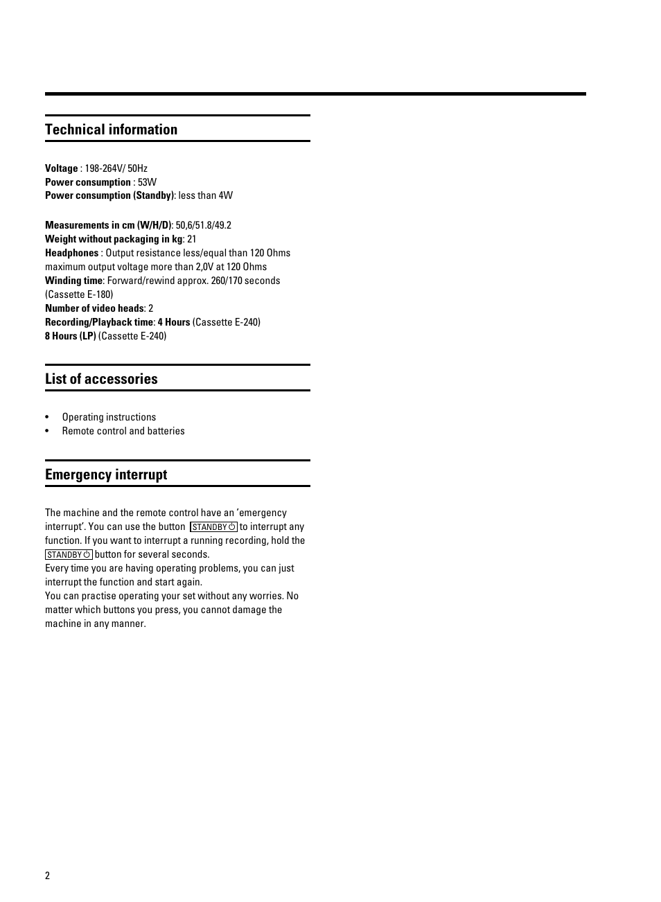 Technical information, List of accessories, Emergency interrupt | Philips 20PV230/07 User Manual | Page 7 / 32