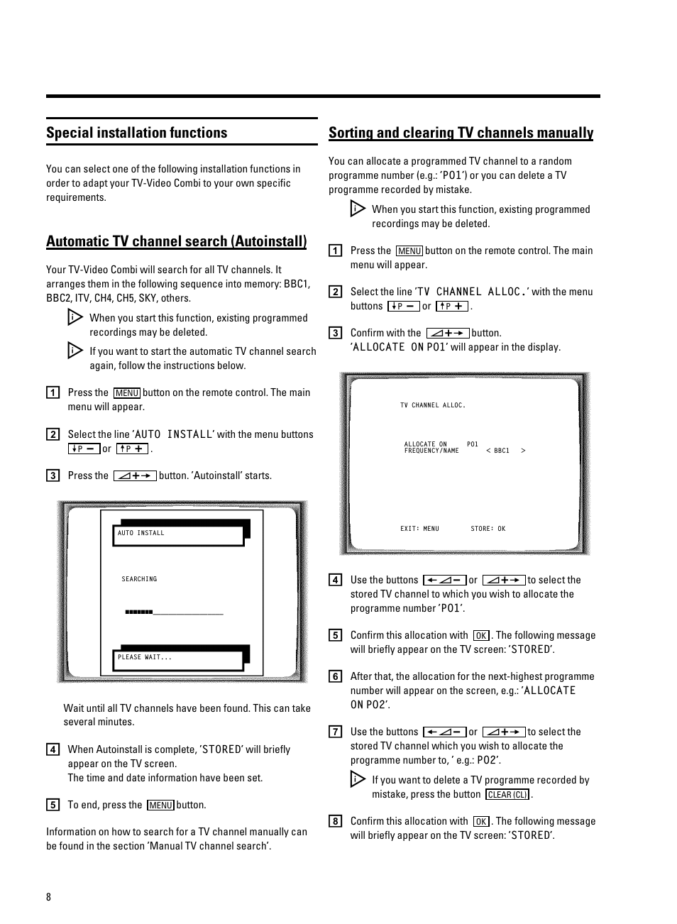 Special installation functions, Automatic tv channel search (autoinstall), Sorting and clearing tv channels manually | Philips 14PV350/07 User Manual | Page 10 / 28