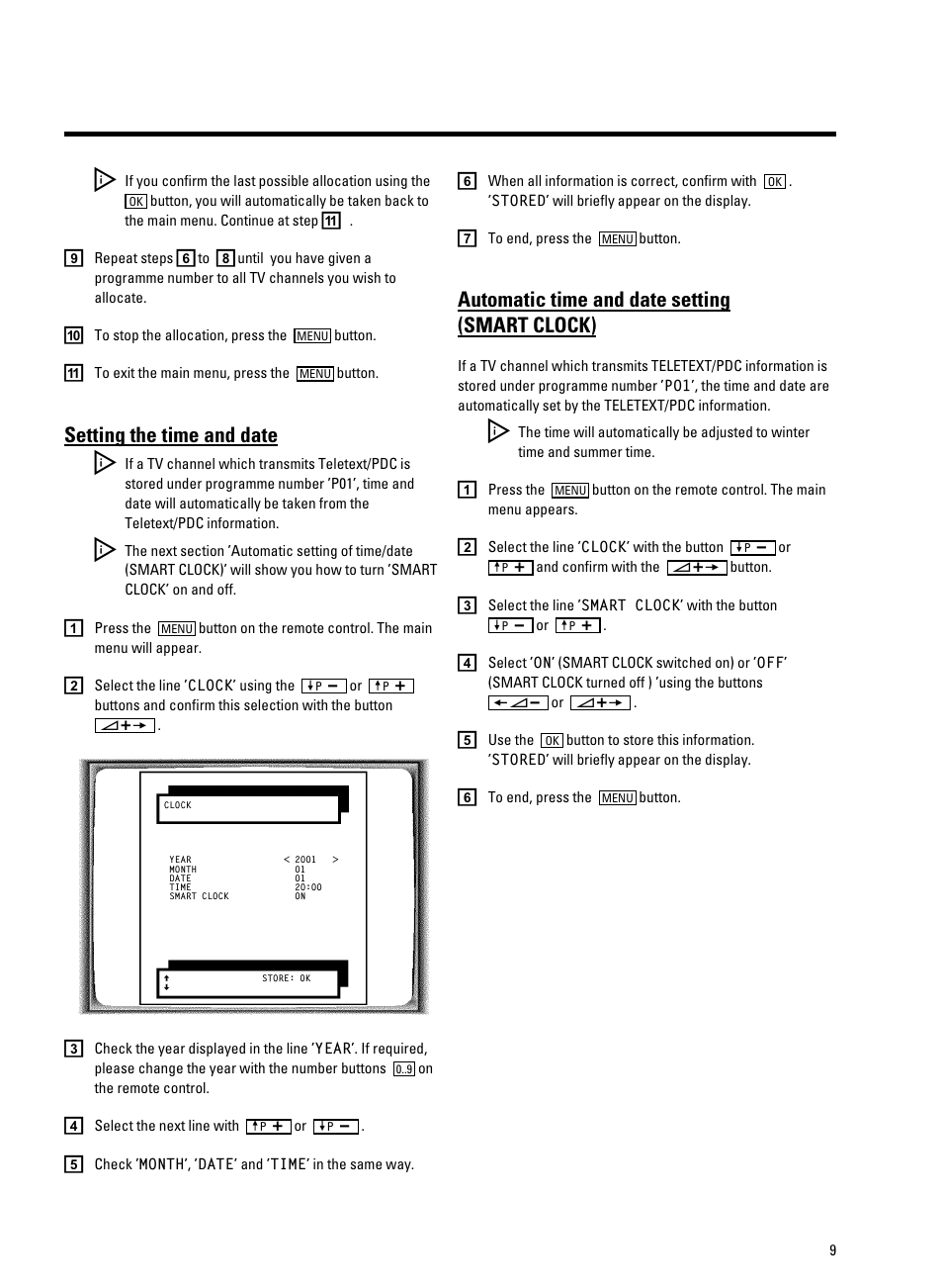 Setting the time and date, Automatic time and date setting (smart clock) | Philips 14PV350/07 User Manual | Page 11 / 28