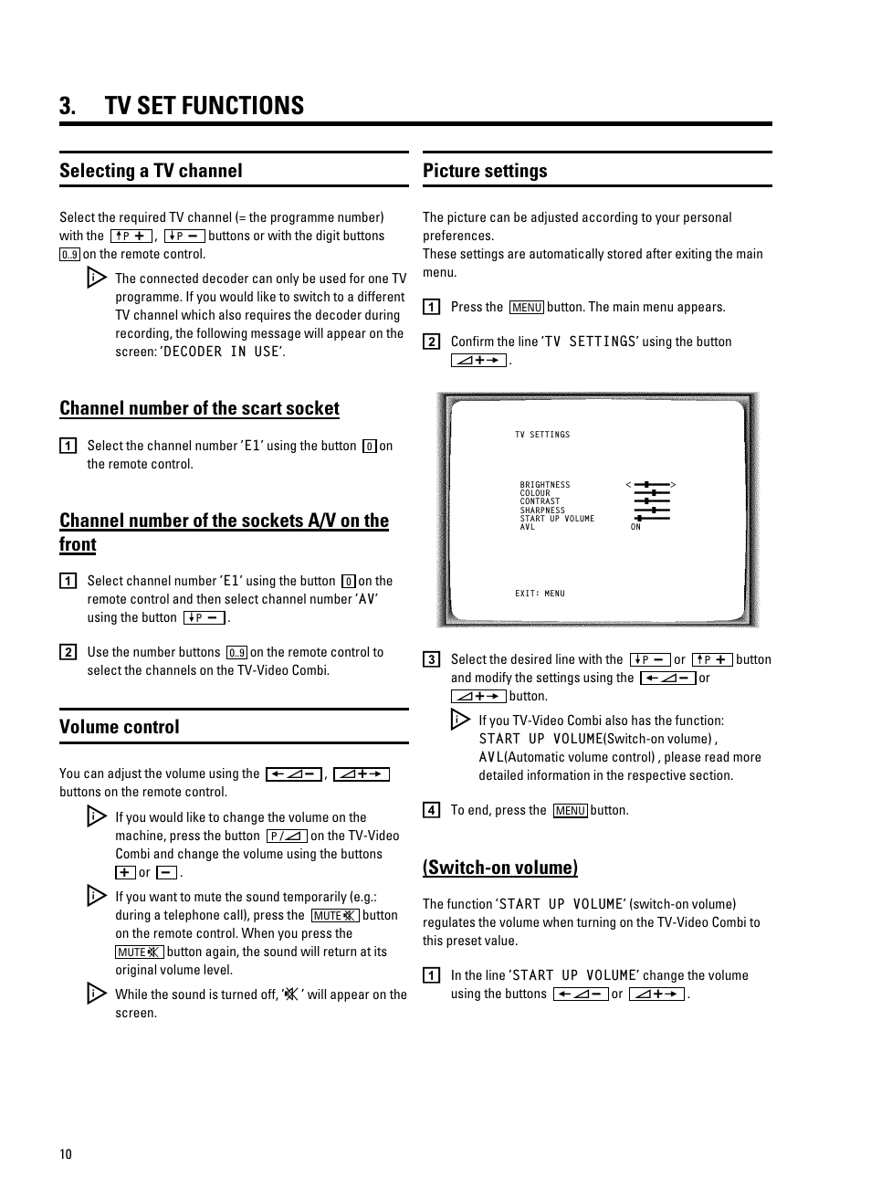 Tv set functions, Selecting a tv channel, Switch-on volume) | Channel number of the scart socket, Channel number of the sockets a/v on the front, Volume control, Picture settings | Philips 14PV350/07 User Manual | Page 12 / 28