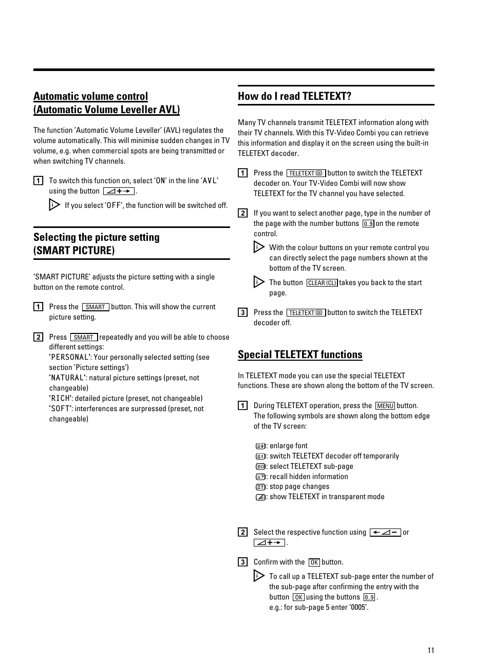 Selecting the picture setting (smart picture), How do i read teletext, Special teletext functions | Philips 14PV350/07 User Manual | Page 13 / 28