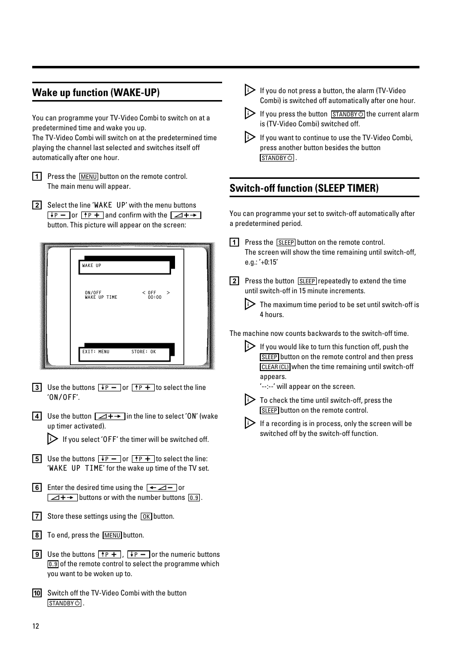 Wake up function (wake-up), Switch-off function (sleep timer) | Philips 14PV350/07 User Manual | Page 14 / 28