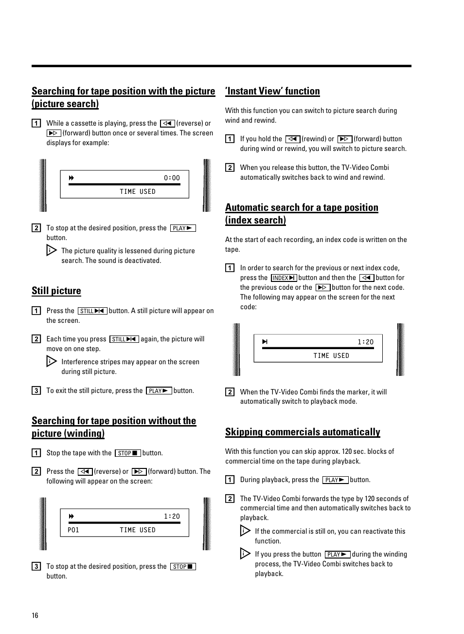 Still picture, Instant view’ function, Skipping commercials automatically | Philips 14PV350/07 User Manual | Page 18 / 28