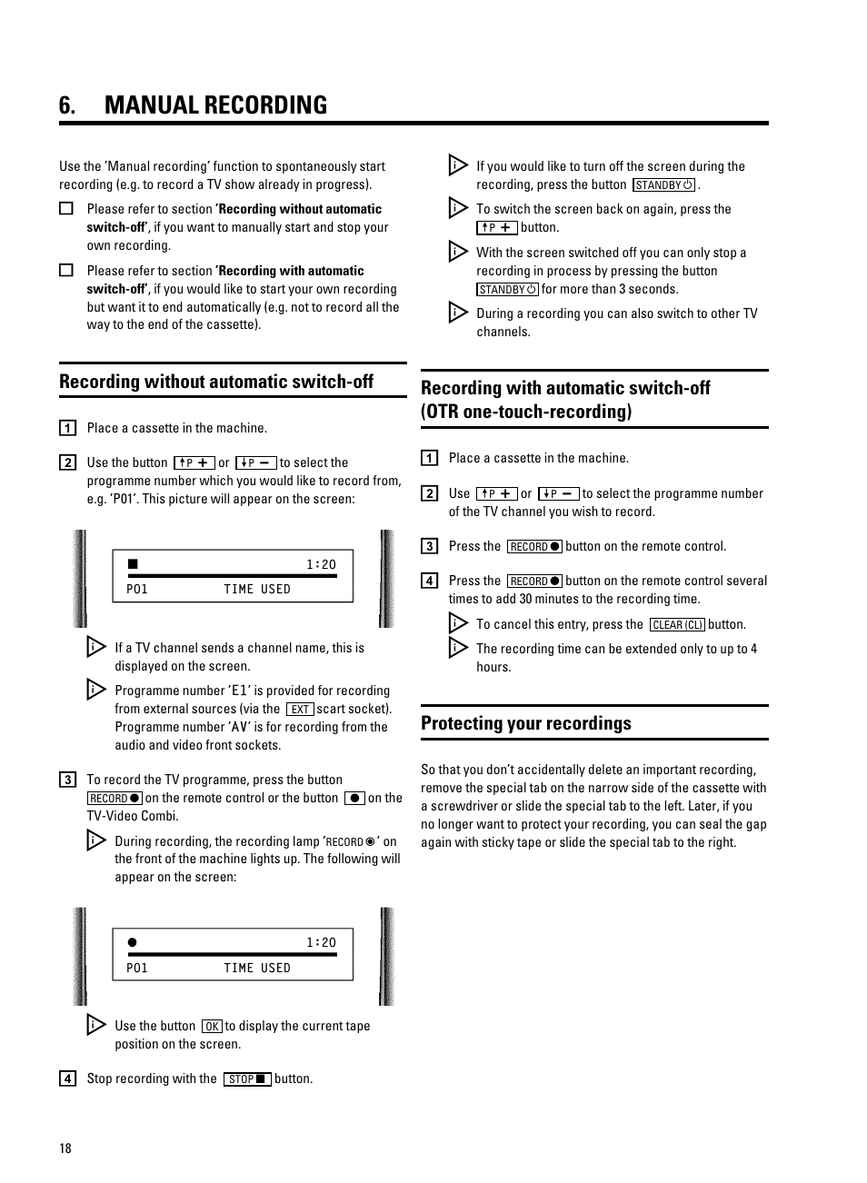 Manual recording, Recording without automatic switch-off, Protecting your recordings | Philips 14PV350/07 User Manual | Page 20 / 28