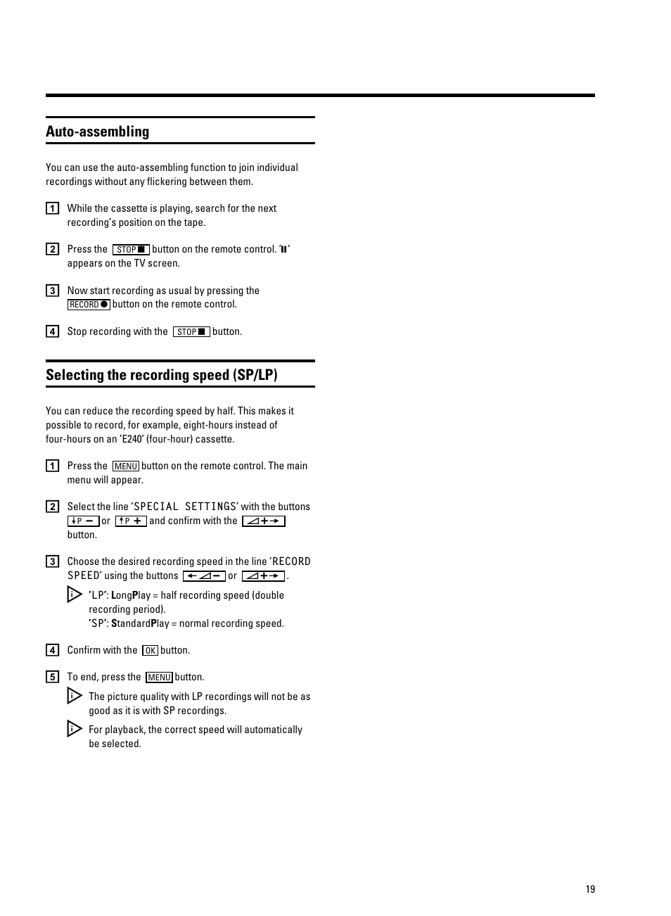 Auto-assembling, Selecting the recording speed (sp/lp) | Philips 14PV350/07 User Manual | Page 21 / 28