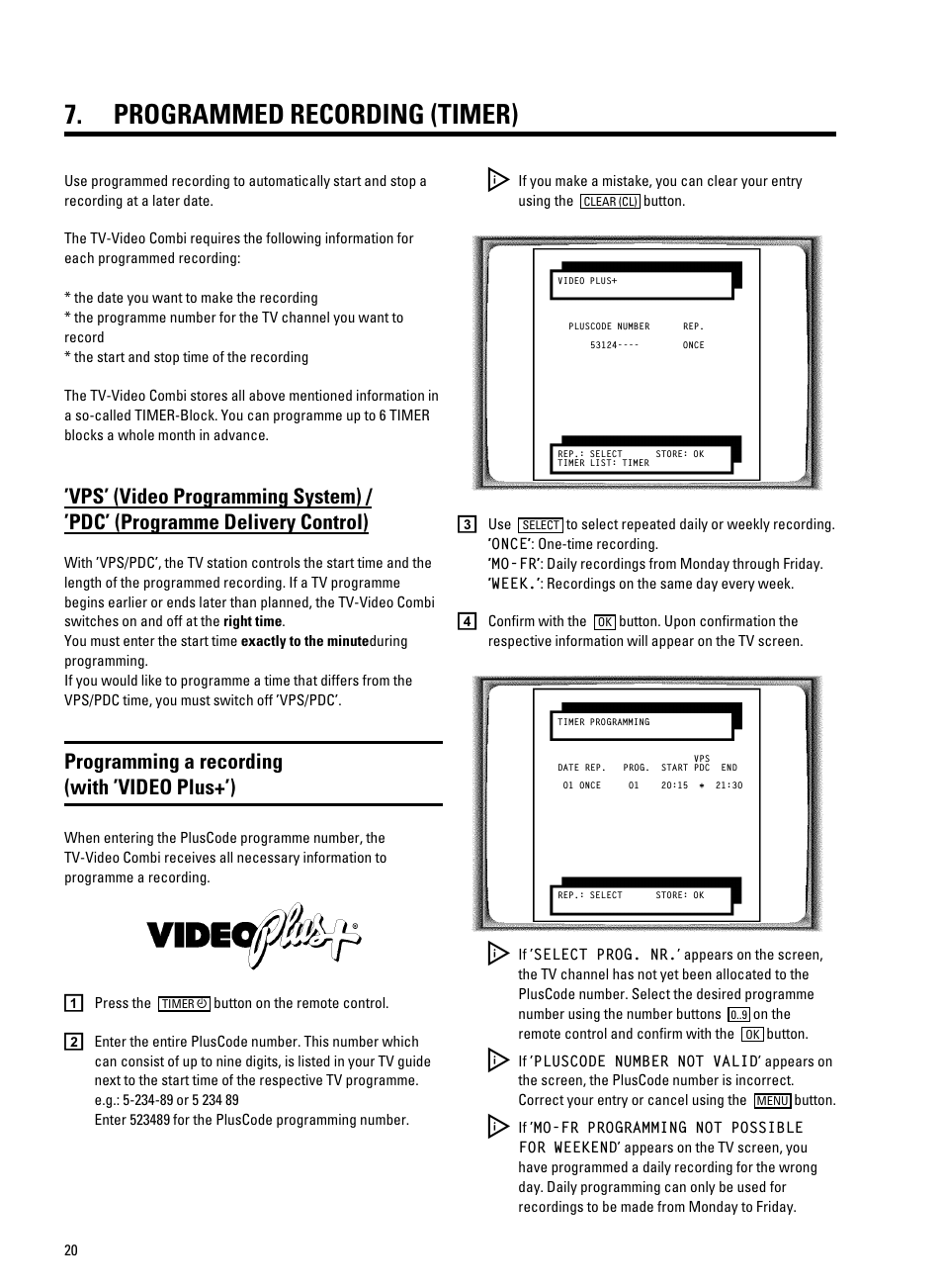 Programmed recording (timer), Programming a recording (with ’video plus+’) | Philips 14PV350/07 User Manual | Page 22 / 28