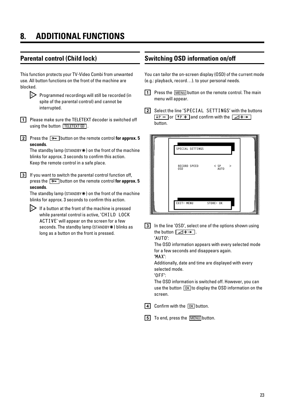 Additional functions, Parental control (child lock), Switching osd information on/off | Philips 14PV350/07 User Manual | Page 25 / 28