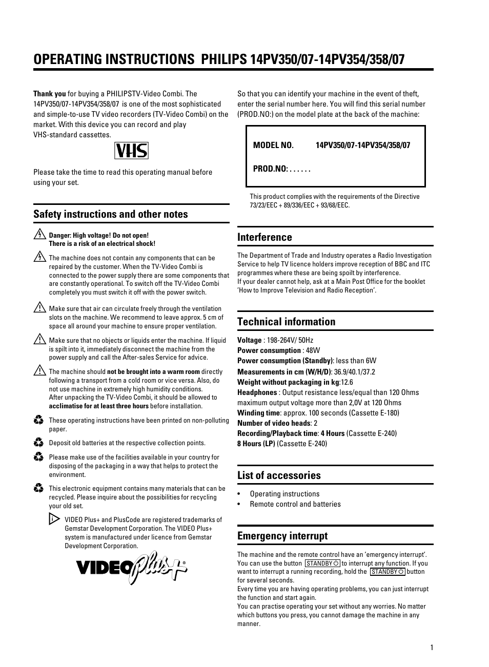 Interference, Technical information, List of accessories | Emergency interrupt | Philips 14PV350/07 User Manual | Page 4 / 28