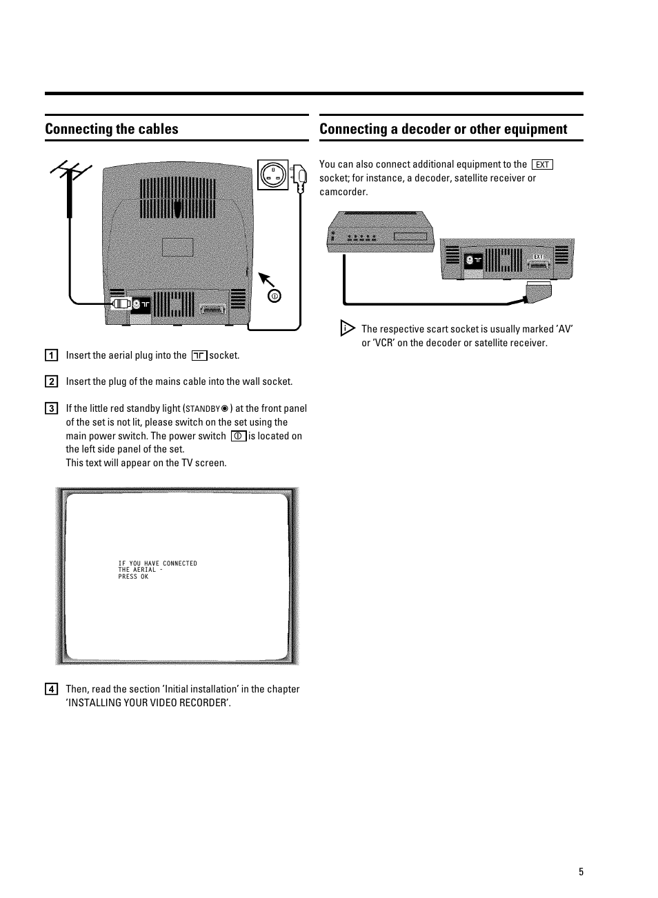 Connecting the cables, Connecting a decoder or other equipment | Philips 14PV350/07 User Manual | Page 7 / 28