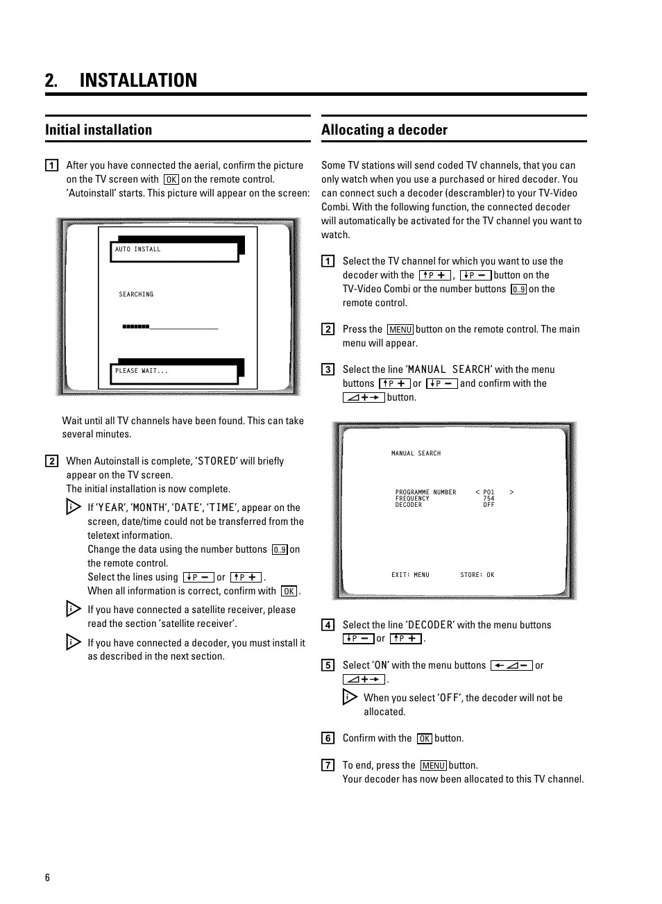 Installation, Initial installation, Allocating a decoder | Philips 14PV350/07 User Manual | Page 8 / 28