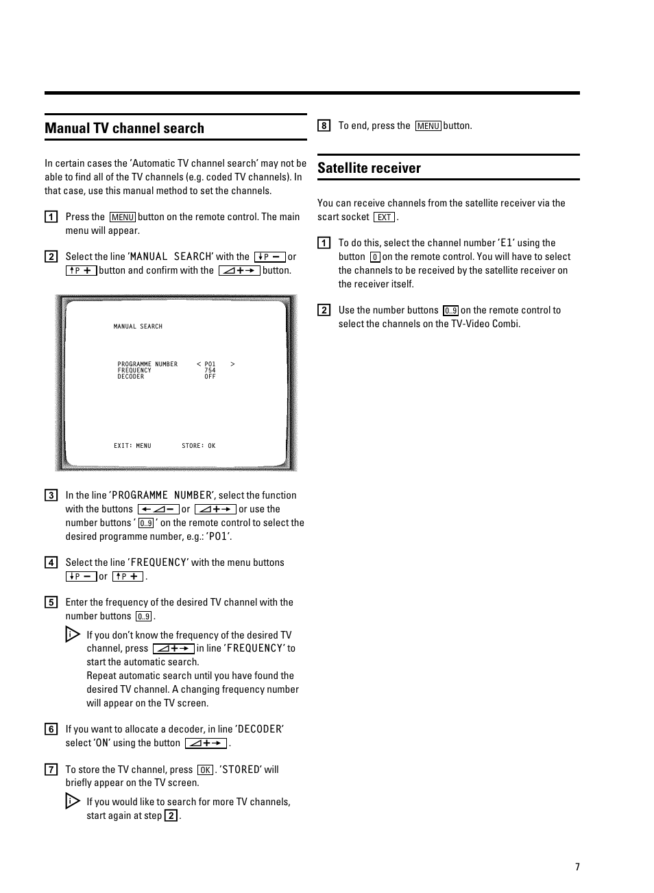 Manual tv channel search, Satellite receiver | Philips 14PV350/07 User Manual | Page 9 / 28