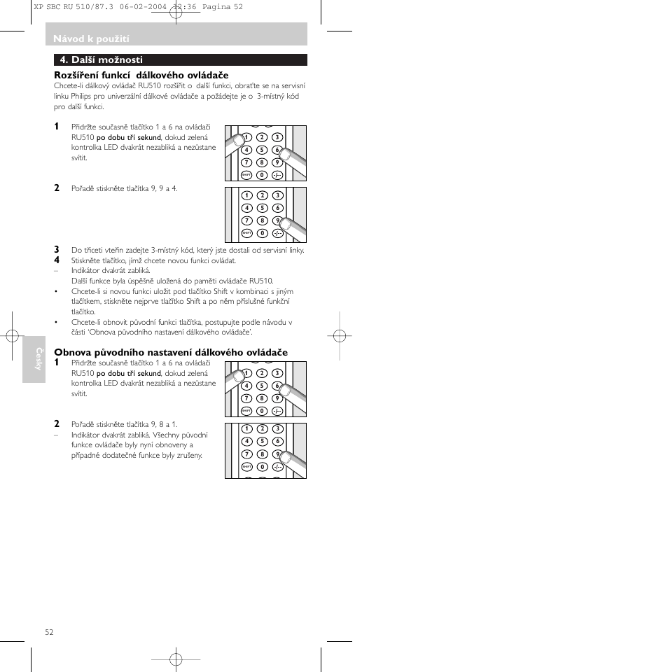 Další možnosti rozšíření funkcí dálkového ovládače, Obnova původního nastavení dálkového ovládače 1, Návod k použití | Philips SBC RU 510 User Manual | Page 52 / 70