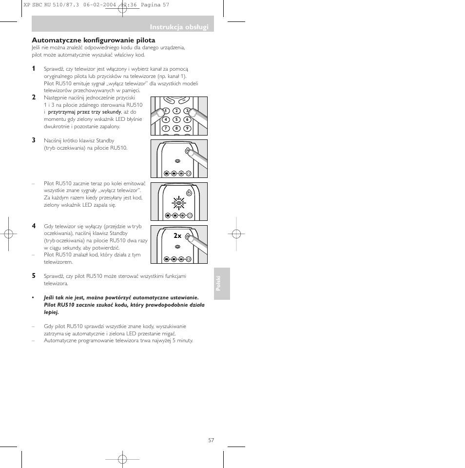 Automatyczne konfigurowanie pilota, Instrukcja obsługi | Philips SBC RU 510 User Manual | Page 57 / 70