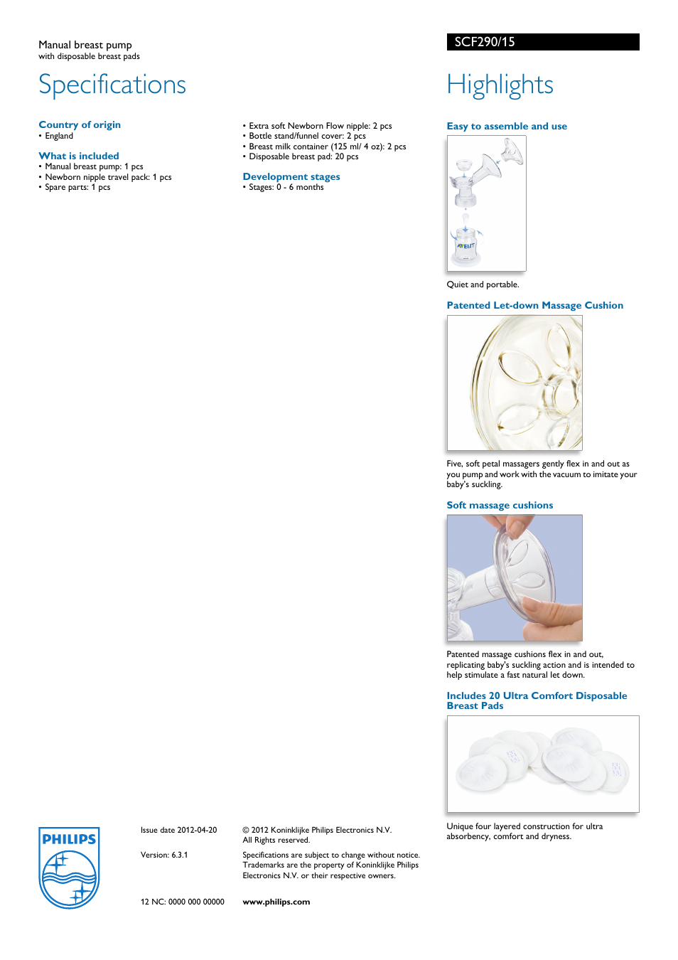 Specifications, Highlights | Philips SCF290/15 User Manual | Page 2 / 2