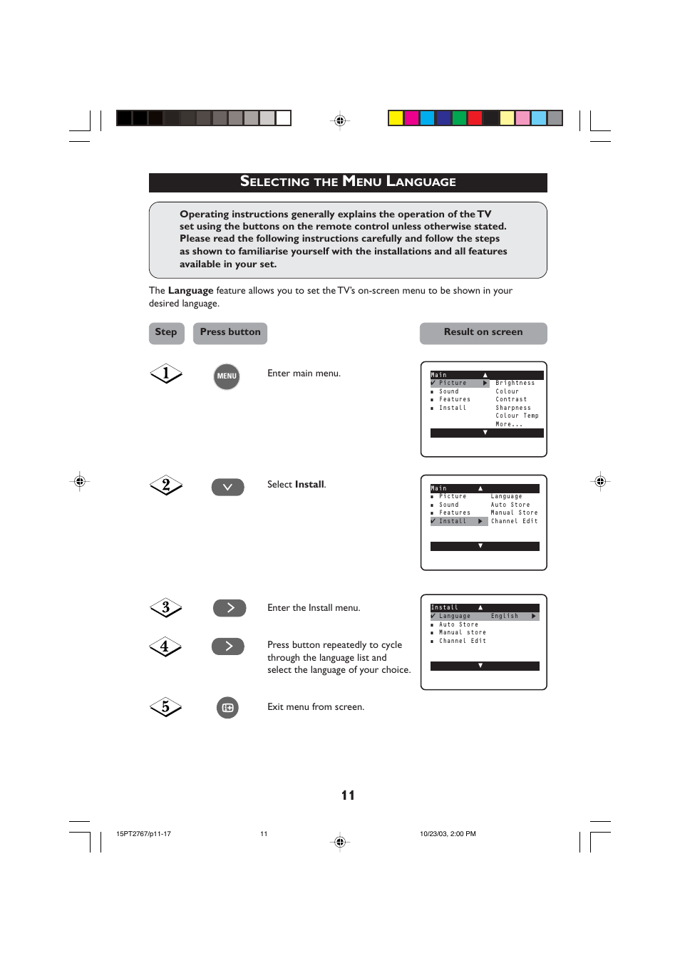 Electing, Anguage, Utomatic | Uning | Philips 15PT2767 User Manual | Page 11 / 27