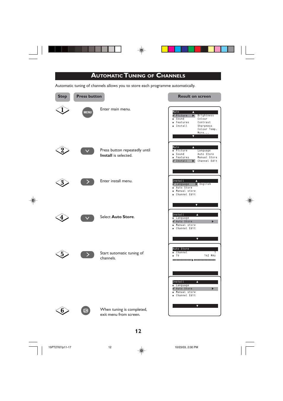 Utomatic, Uning, Hannels | Step press button result on screen | Philips 15PT2767 User Manual | Page 12 / 27