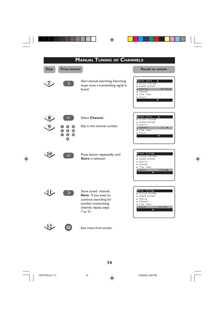 Hannels, Anual, Uning | Philips 15PT2767 User Manual | Page 14 / 27