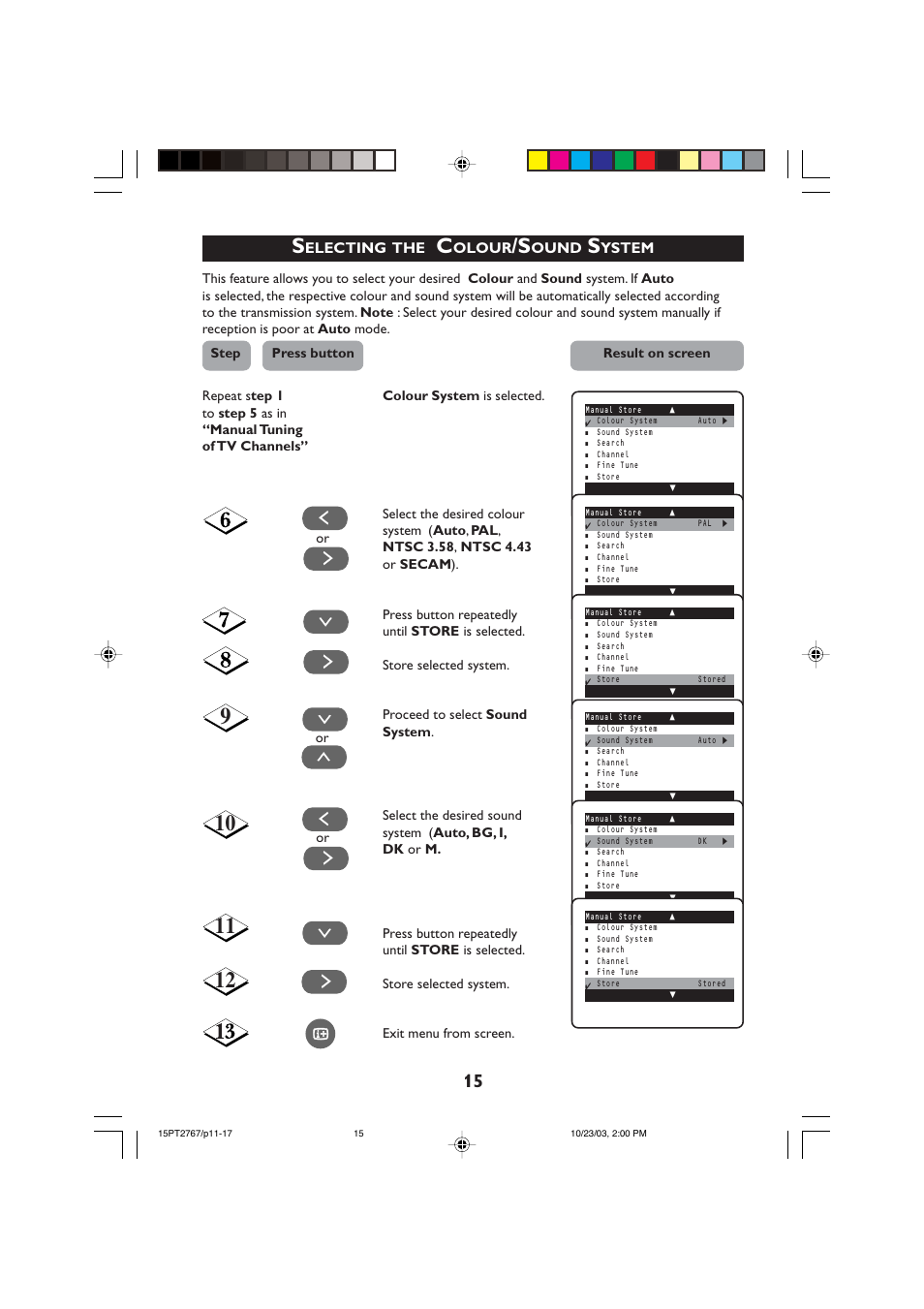 Electing, Olour, Ound | Ystem | Philips 15PT2767 User Manual | Page 15 / 27