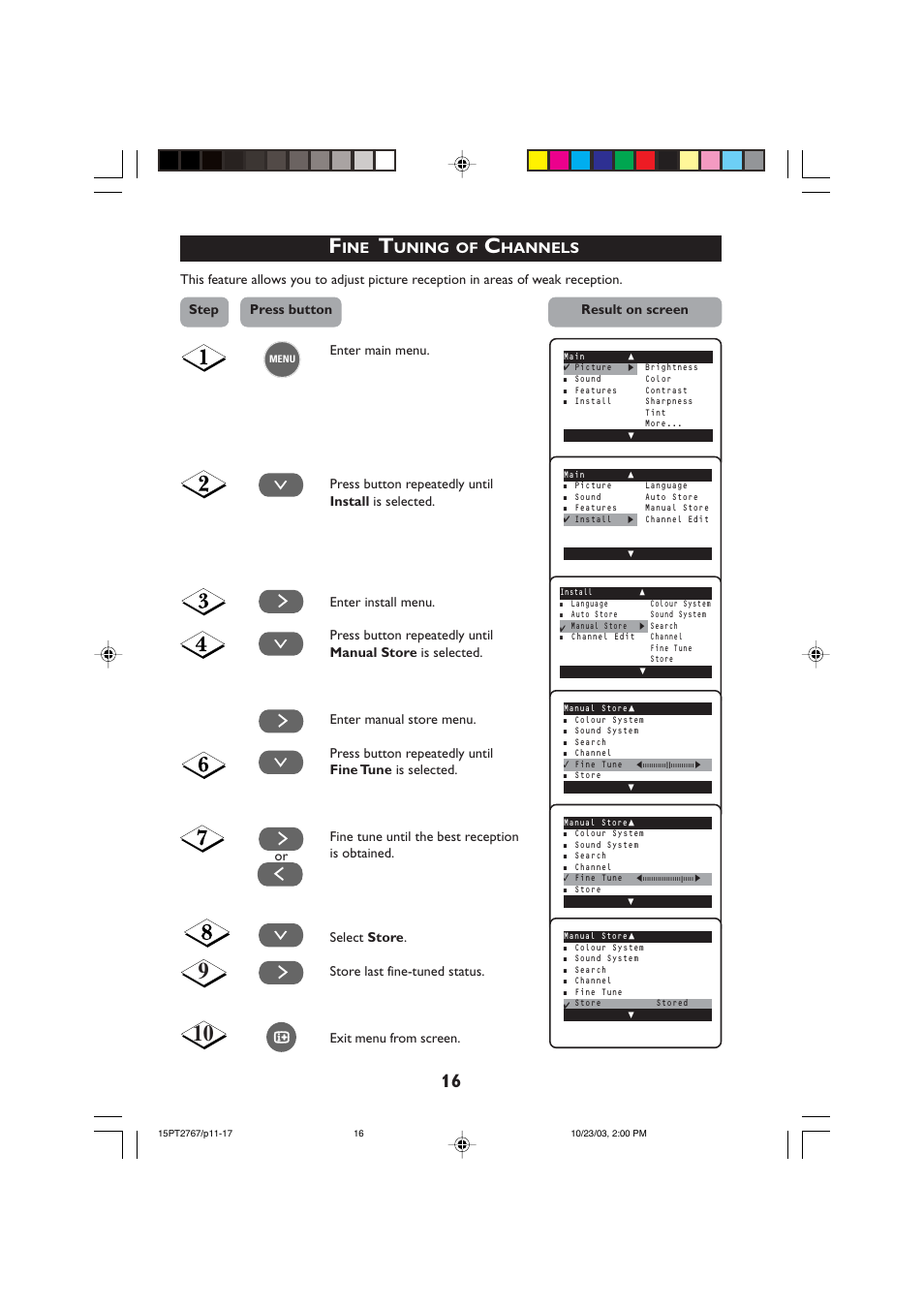 Uning, Hannels, Step press button result on screen | Philips 15PT2767 User Manual | Page 16 / 27