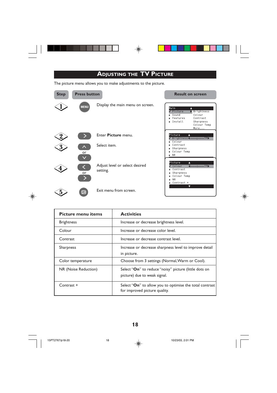 Tv p, Picture menu items activities, Djusting | Icture | Philips 15PT2767 User Manual | Page 18 / 27