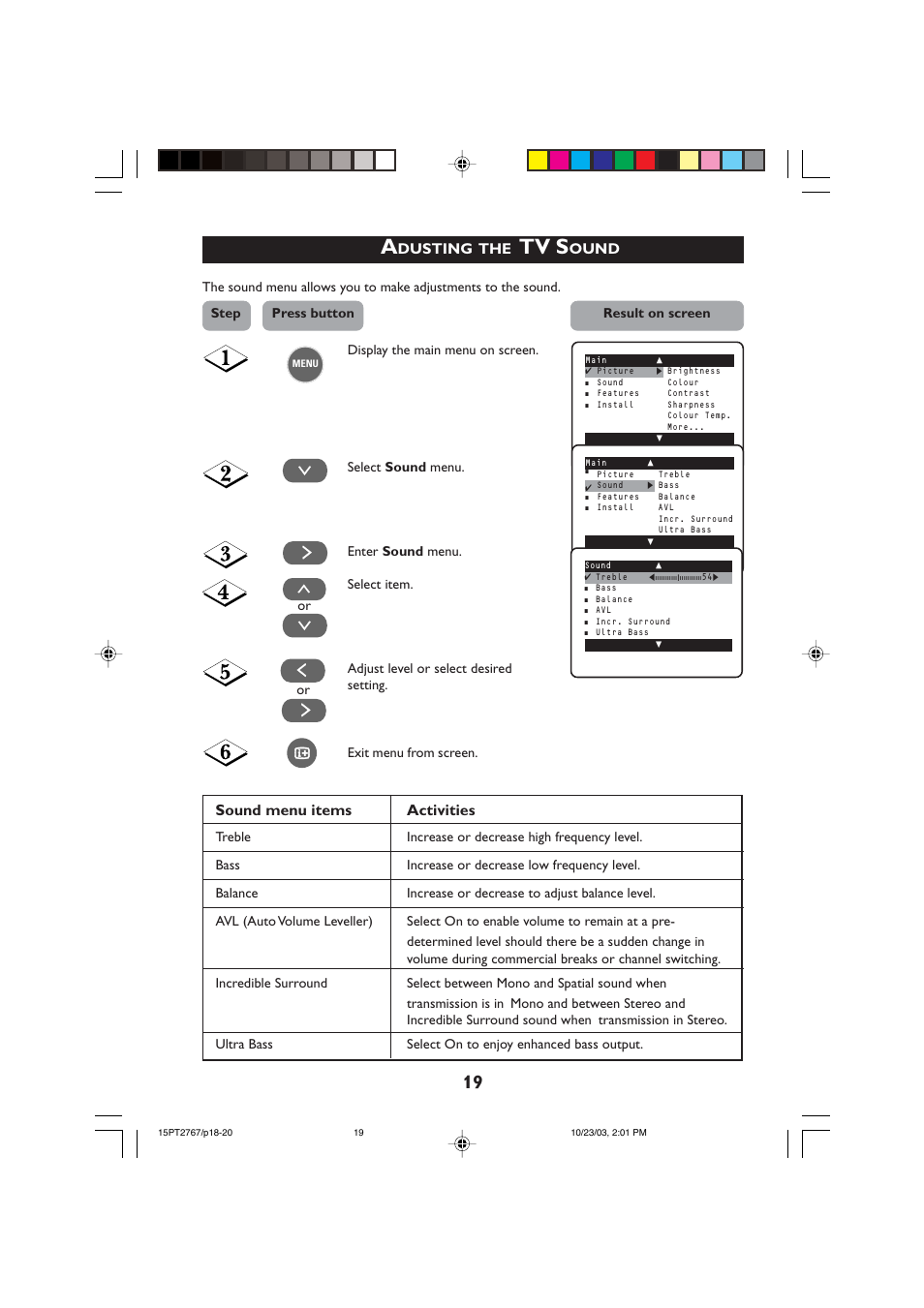 Tv s, Sound menu items activities, Dusting | Ound | Philips 15PT2767 User Manual | Page 19 / 27