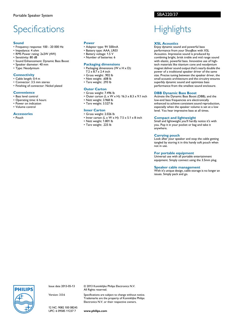 Specifications, Highlights | Philips SBA220/37 User Manual | Page 2 / 2