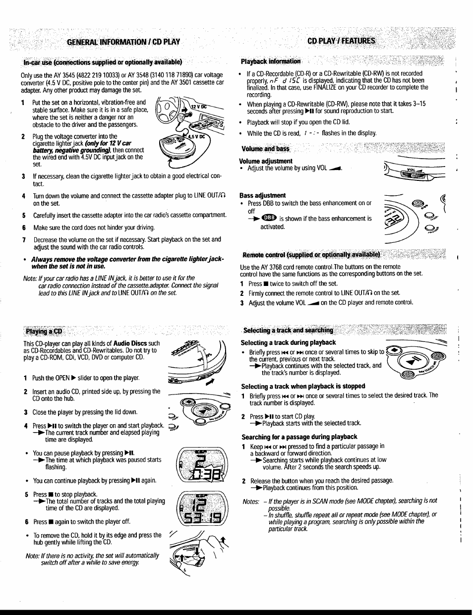 Playback information, Remote control (supplied or optionally, available), Playing a cd | Selecting a track and searching, General information / cd play, Cd play/features | Philips AX3219 User Manual | Page 11 / 14