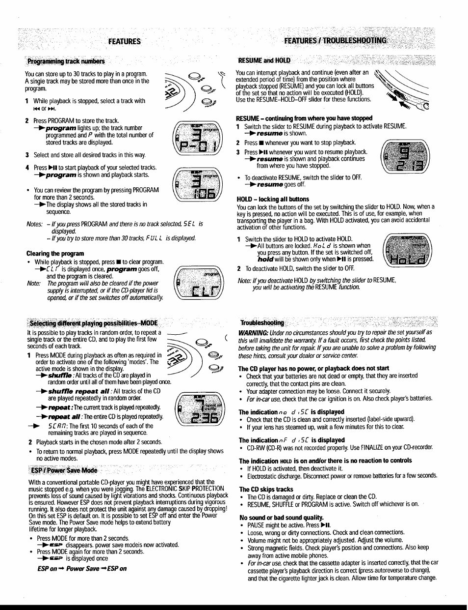 Programming track numbers, Clearing the program, Esp / power save mode | Troubleshooting | Philips AX3219 User Manual | Page 12 / 14