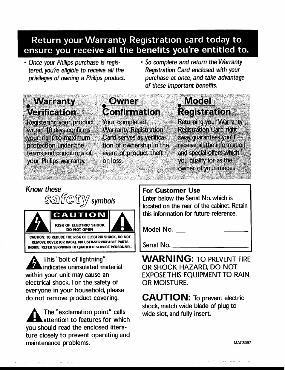 Warranty i verification, Owner i confirrn^tion, Model i registration | Warning, Caution | Philips AX3219 User Manual | Page 5 / 14