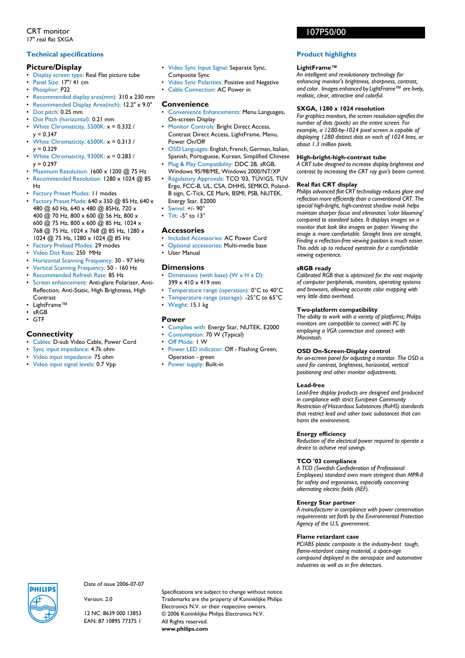 For preview purpose only | Philips 107P50 User Manual | Page 2 / 2