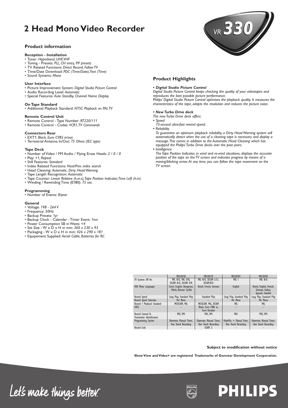 2 head mono video recorder, Product highlights, Product information | Philips VR 330 User Manual | Page 2 / 2