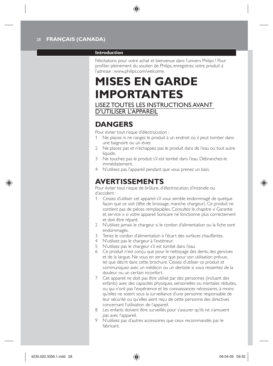 Mises en garde importantes, Dangers, Avertissements | Philips sonicare HX6972/10 User Manual | Page 28 / 44