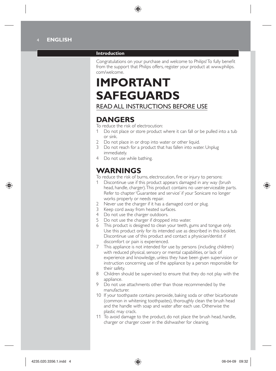 Important safeguards, Dangers, Warnings | Read all instructions before use | Philips sonicare HX6972/10 User Manual | Page 4 / 44